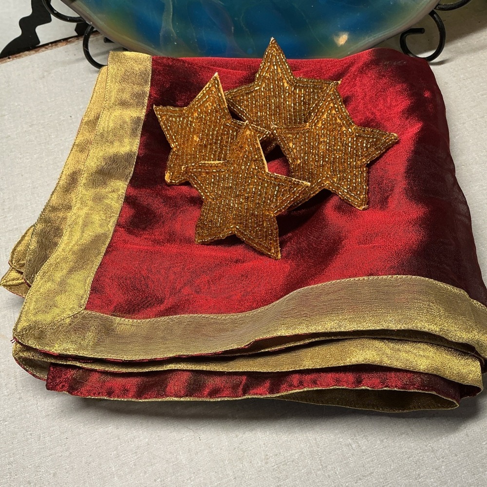 4 Napkin Rings Celestial Beaded Star & 4 Napkins Sheer Red & Gold Bohemian